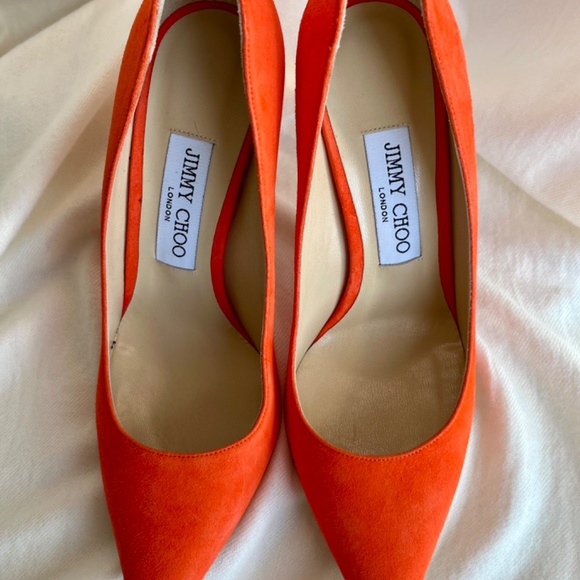 Jimmy Choo Orange Suede Pointed Toe, High Heel Pumps, Sz. 37/US 7, Made in Italy - Picture 3 of 6